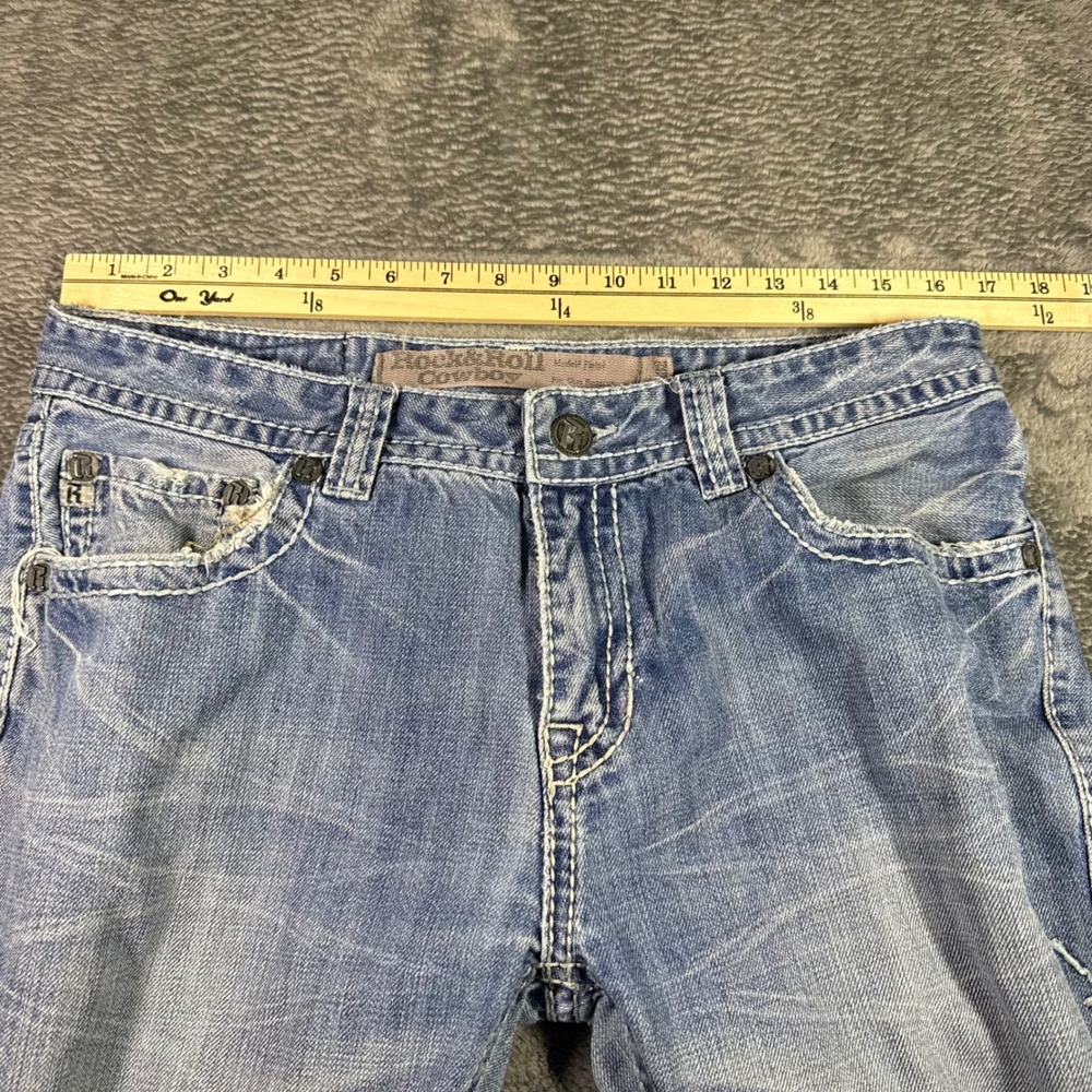 Rock and Roll Cowboy Pistol Slim Bootcut Jeans Light Wash Blue 34x32 Distressed - Picture 5 of 8
